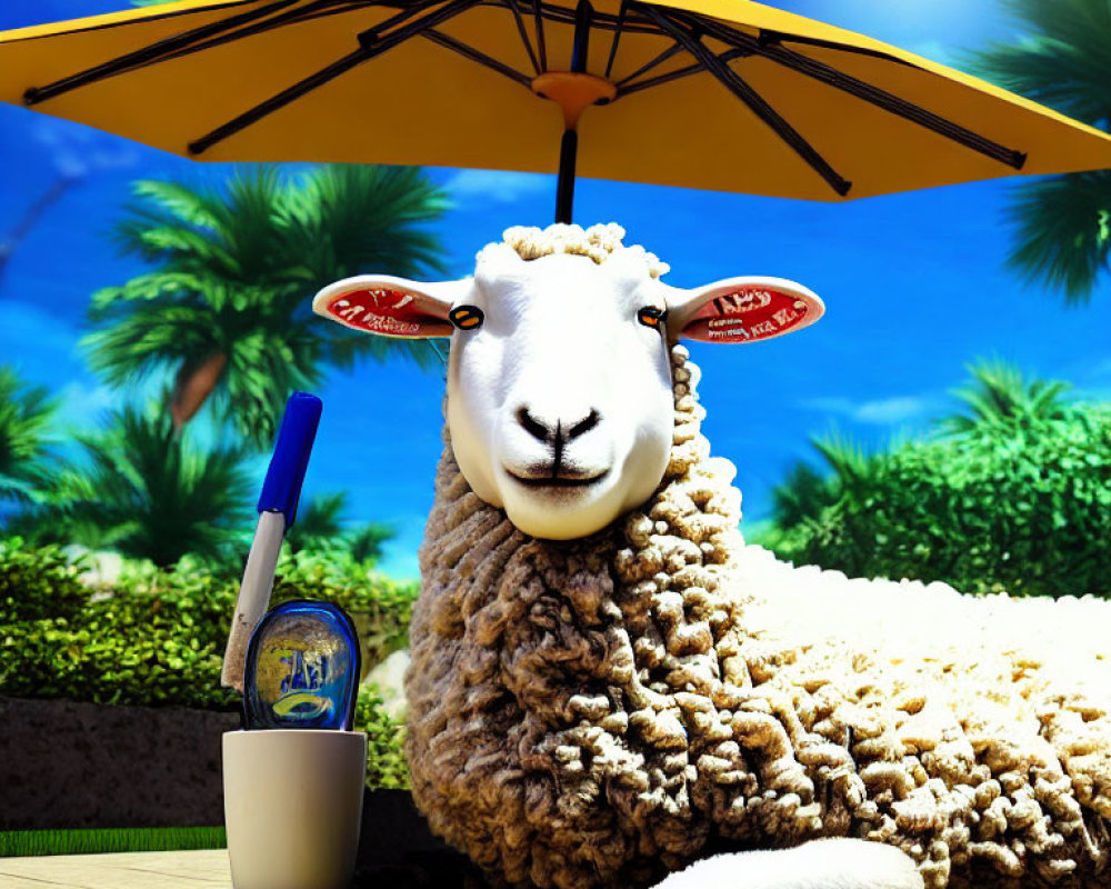 Sheep with sunglasses under yellow umbrella on beach with snorkel and globe