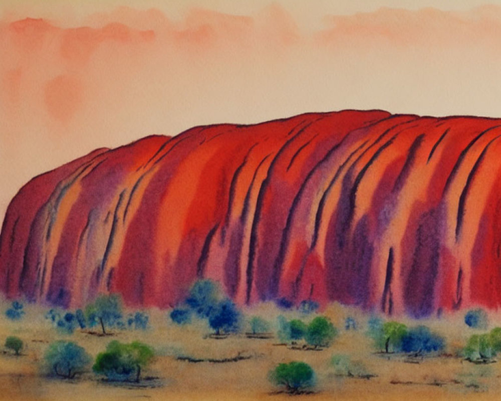 Vibrant watercolor of Uluru at sunset with red, orange hues