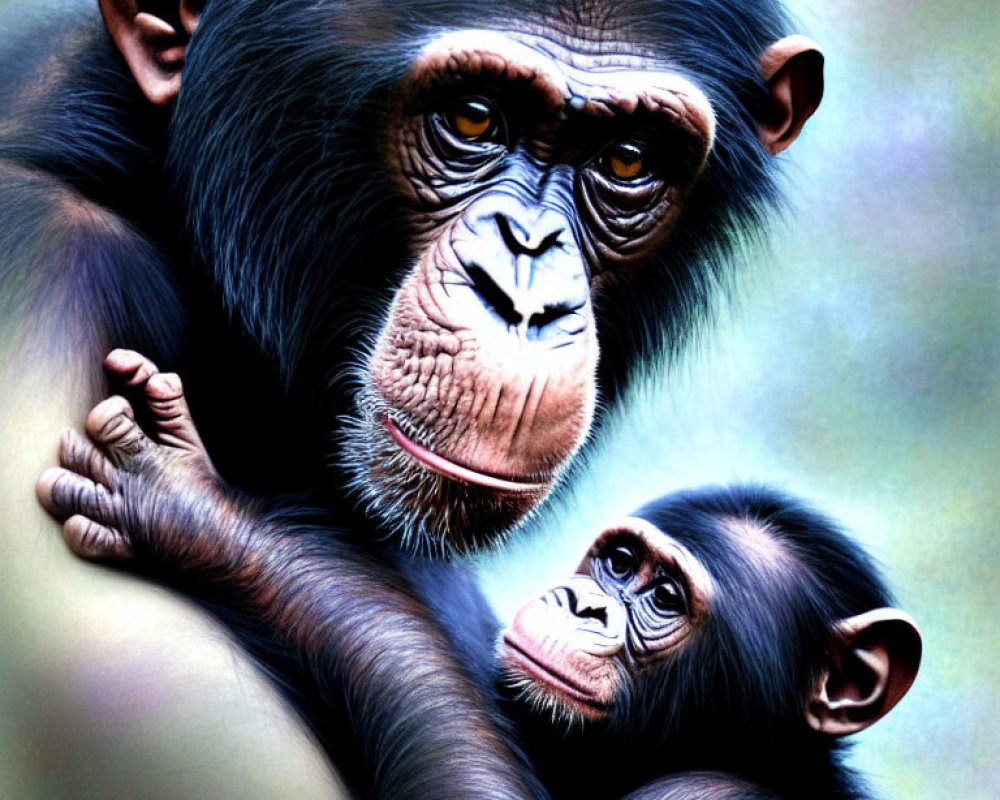 Adult and baby chimpanzee gazing at viewer in close-up