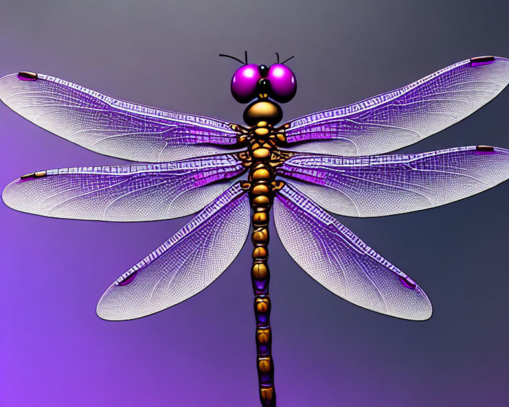 Detailed digital dragonfly illustration in purple and bronze on gradient backdrop