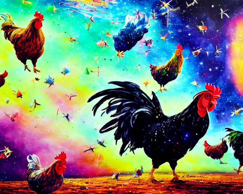 Vibrant roosters and hens in cosmic scene with stars