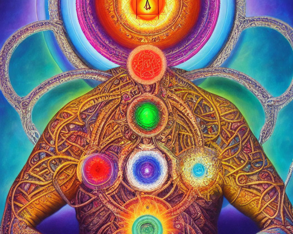 Colorful artwork featuring figure with chakras aligned on body's midline