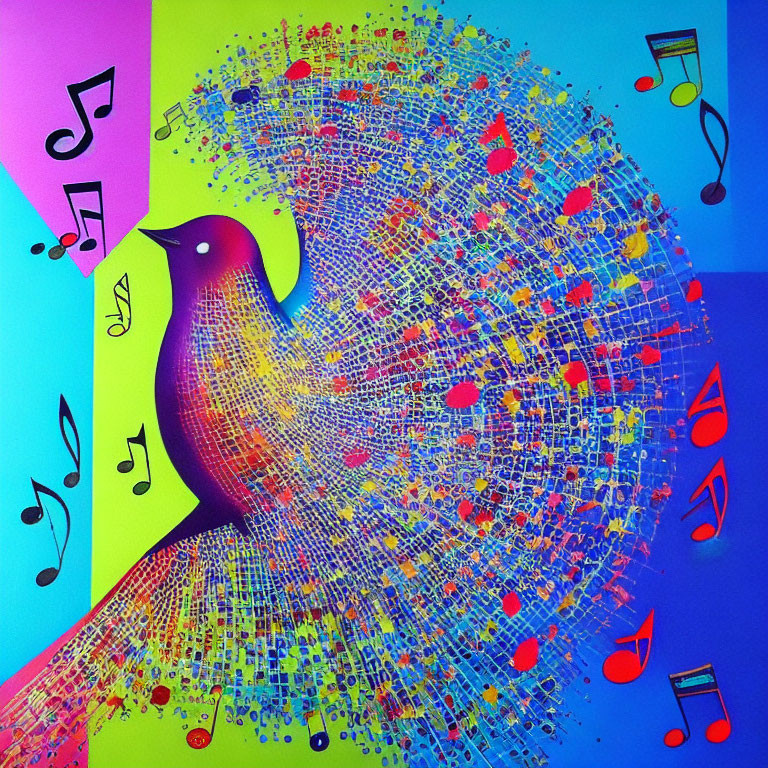 Colorful Stylized Bird Artwork with Musical Notes on Multicolored Background