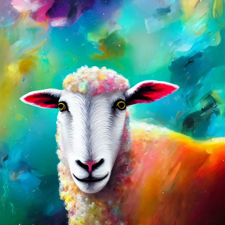 Colorful Abstract Sheep Portrait with Vibrant Swirling Background