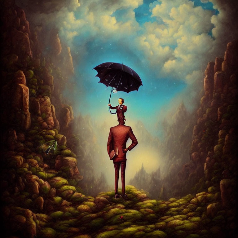 Surreal landscape with figure in suit and umbrella head on hill