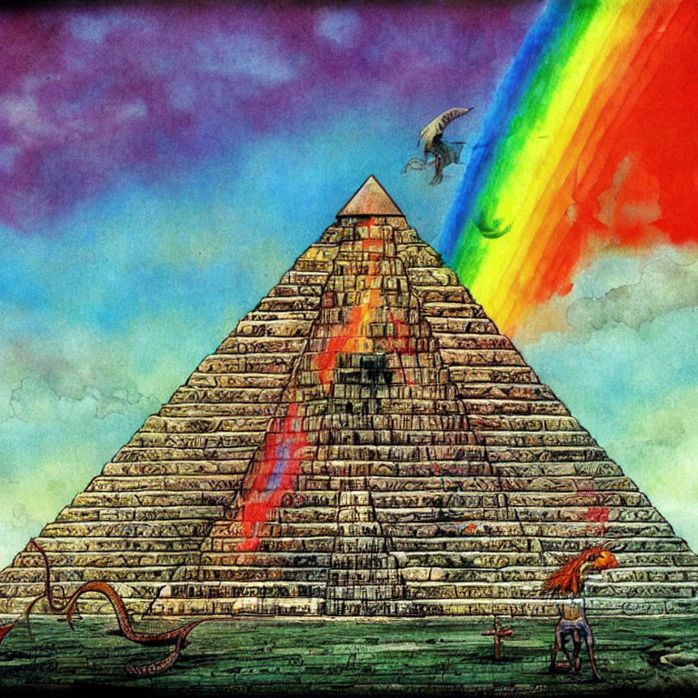 Surreal illustration: pyramid, rainbow, flying pterodactyl, person with horse