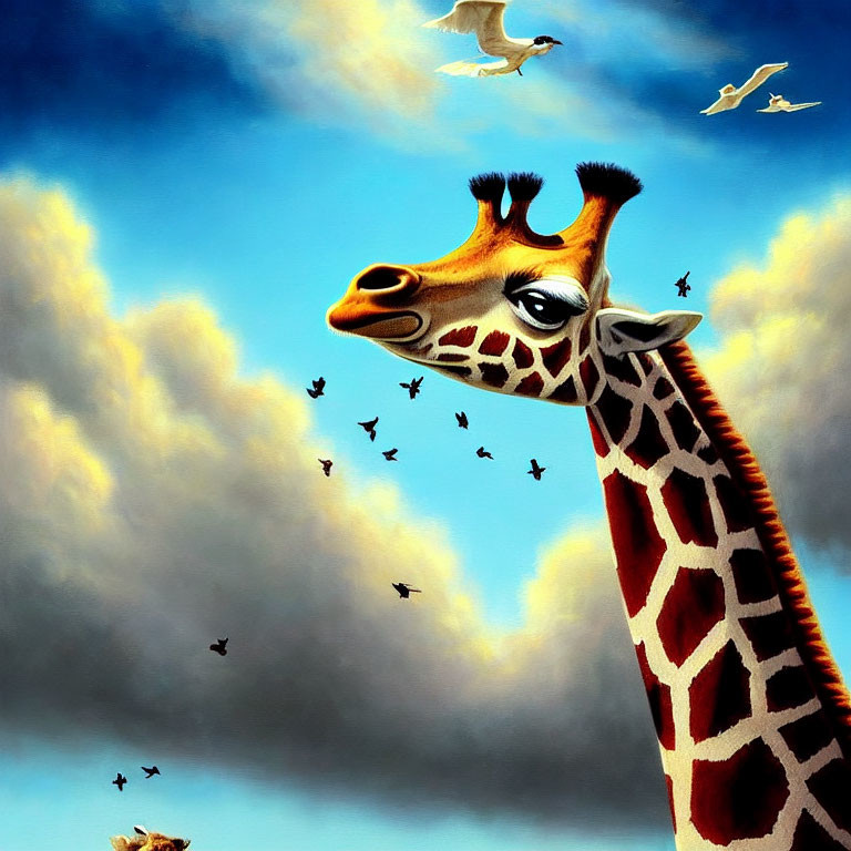 Tall giraffe gazes at sky with birds in fluffy clouds