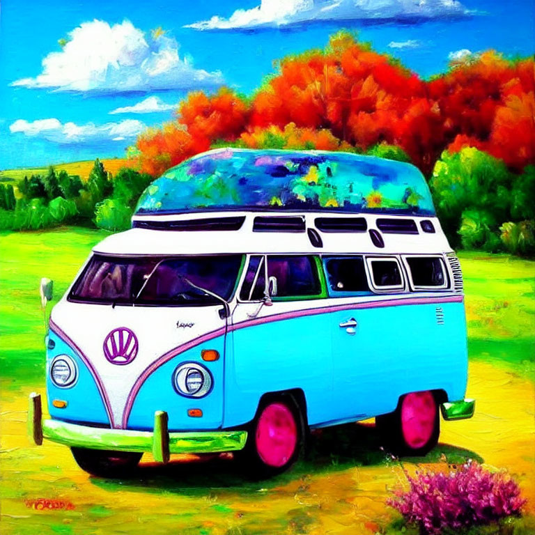 Colorful Volkswagen Van Painting in Grass Landscape under Blue Sky