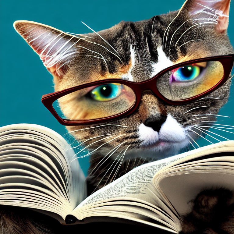 Tabby Cat with Colorful Eyes in Red Glasses Reading Book on Teal Background