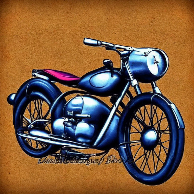 Vintage Motorcycle Artwork with Blue and Pink Accents on Brown Background