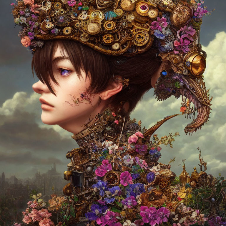 Digital art portrait of woman with mechanical, floral, and ornate headpiece.