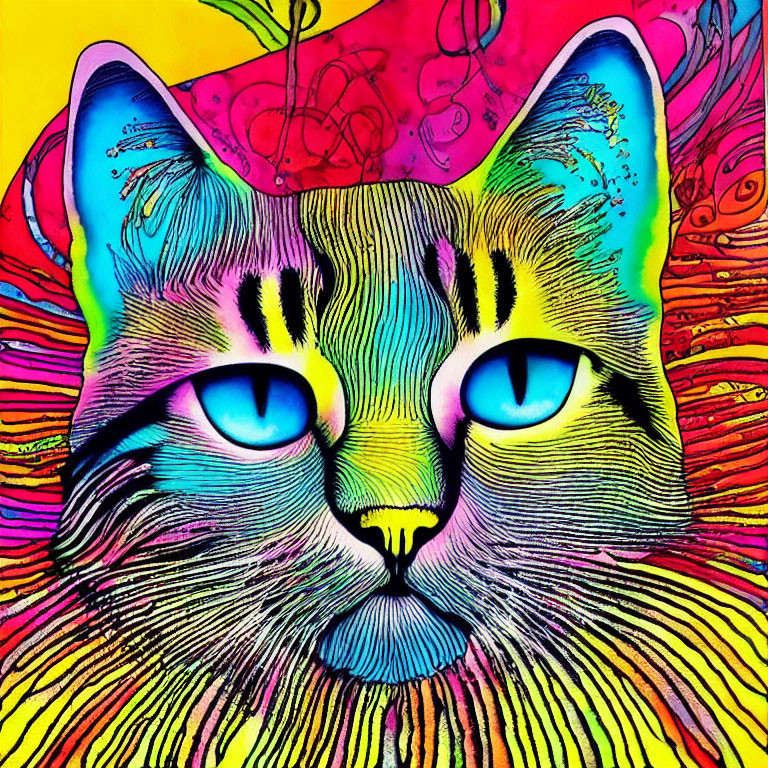 Colorful Psychedelic Cat Face Illustration with Blue Eyes and Patterns