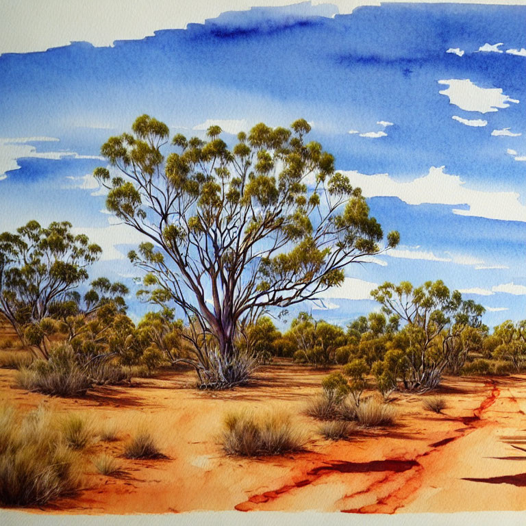 Australian Outback Watercolor: Eucalyptus Tree, Blue Sky, Sandy Path