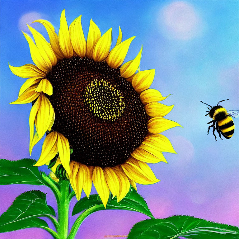 Sunflower with yellow petals and bumblebee against blue sky