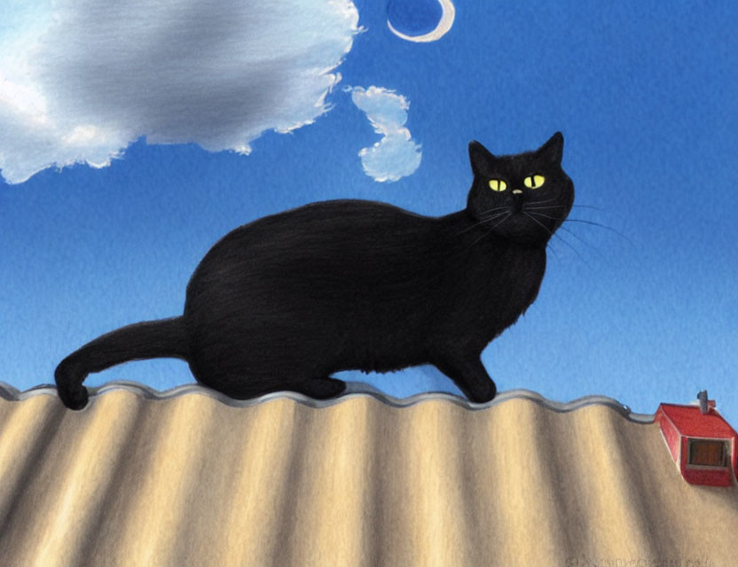 Black cat with yellow eyes on rooftop overlooking small red house under blue sky