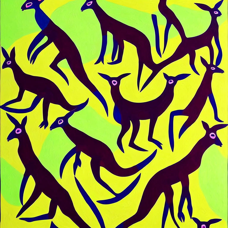 Abstract painting of stylized deer in shades of brown on yellow and green background