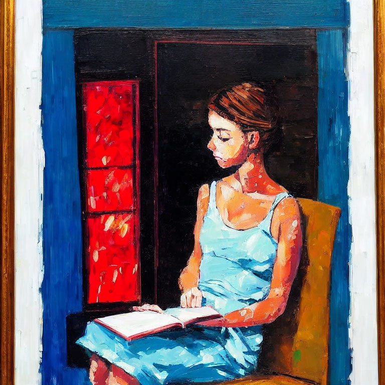 Woman in Blue Dress Reading Book by Window with Red Curtain