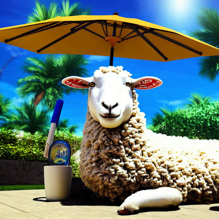 Sheep with sunglasses under yellow umbrella on beach with snorkel and globe