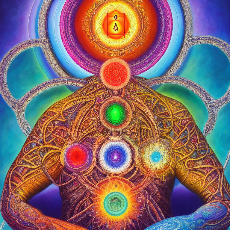 Colorful artwork featuring figure with chakras aligned on body's midline