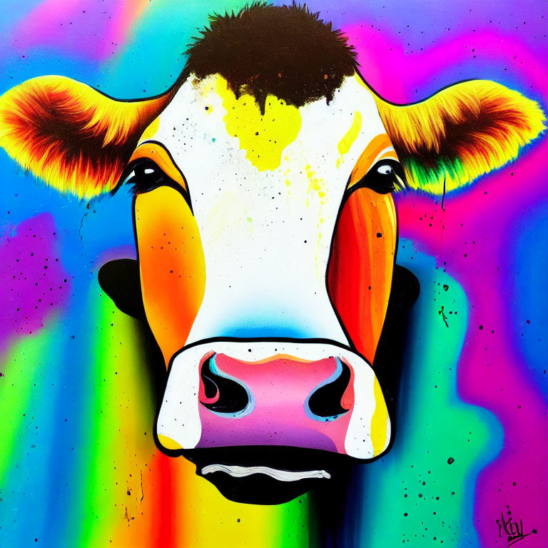 Colorful cow face painting with splash patterns on multicolored background