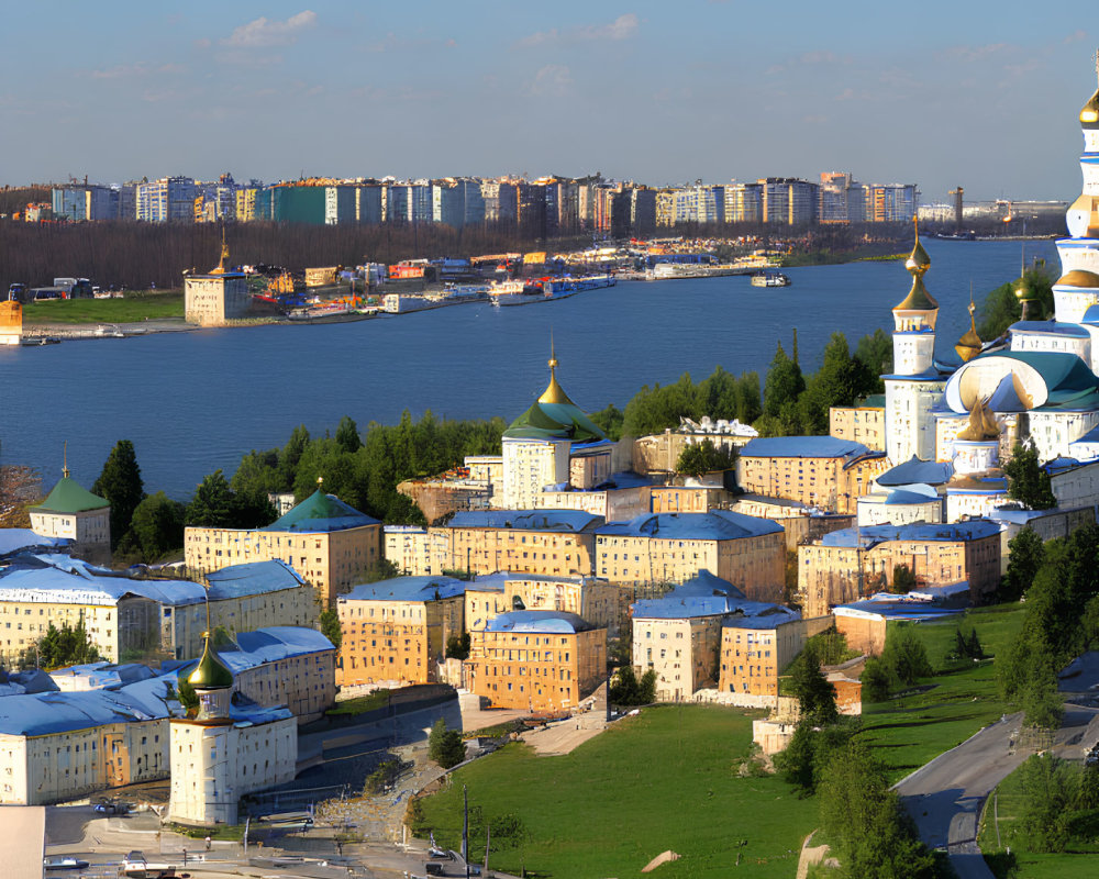 Urban landscape featuring river, residential buildings, golden-domed church, and greenery under blue sky.