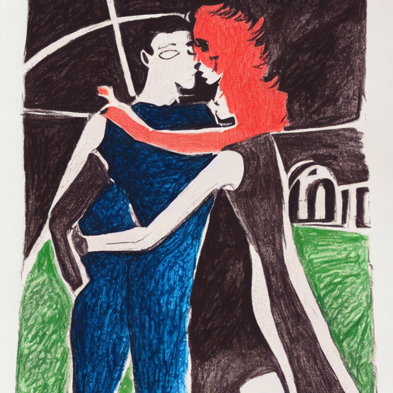 Vibrant drawing of couple embracing in red and blue attire against abstract backdrop