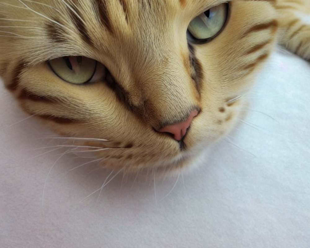 Striped Cat with Green Eyes and Pink Nose Resting on White Surface