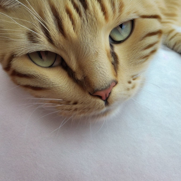 Striped Cat with Green Eyes and Pink Nose Resting on White Surface