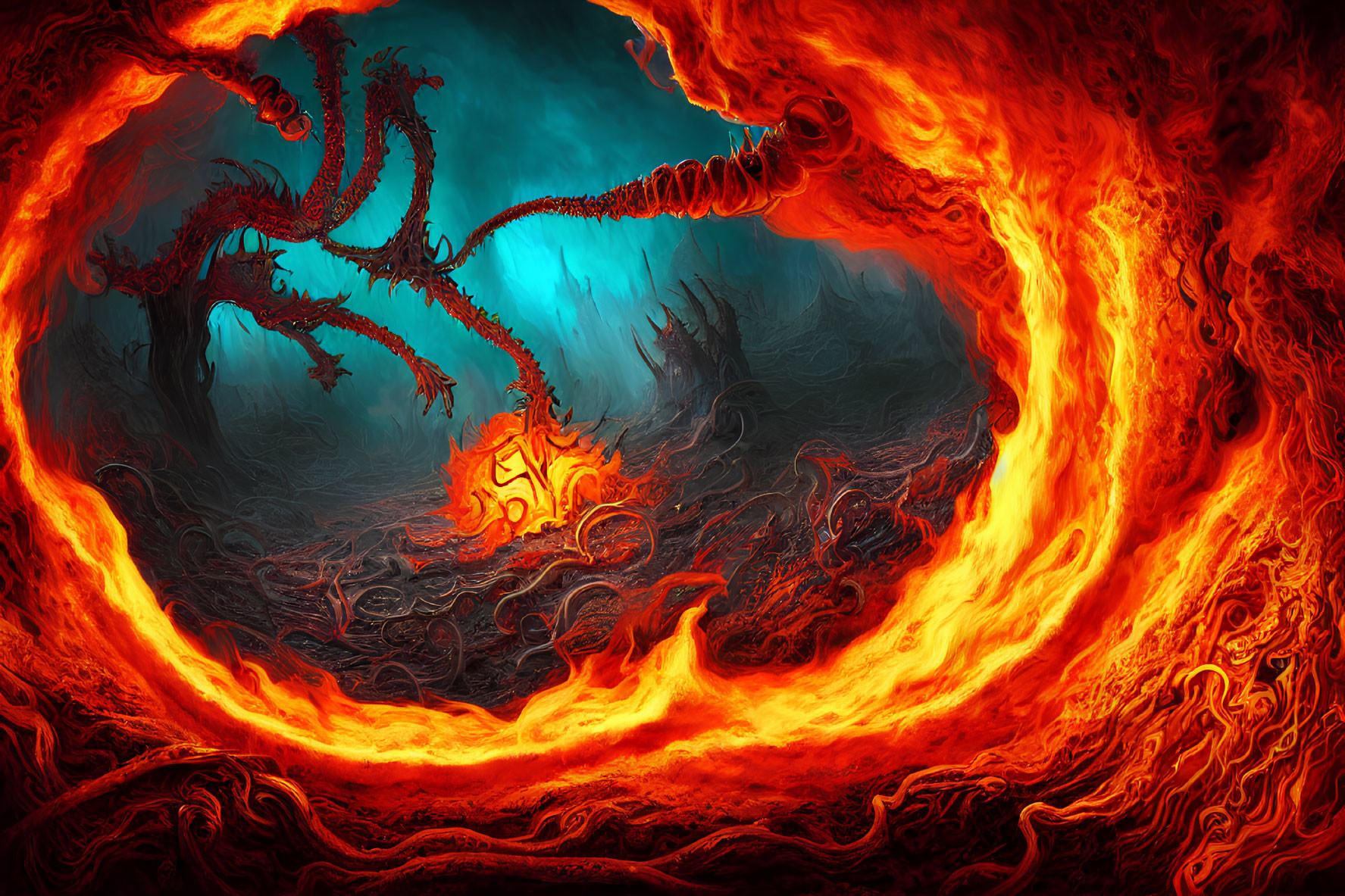 Fiery swirling inferno with dark shapes and glowing symbol