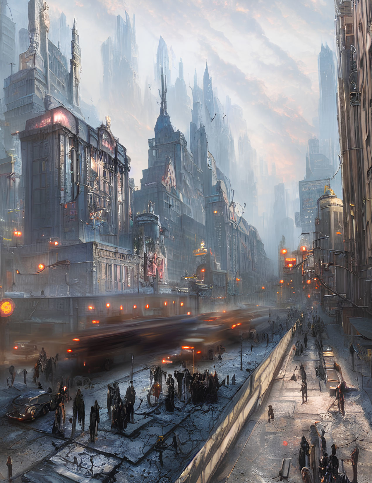 Futuristic cityscape with towering buildings and bustling street scene