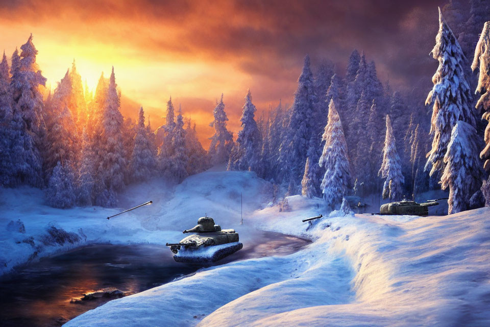 Snowy Winter Landscape: Sunset Scene with Military Tanks