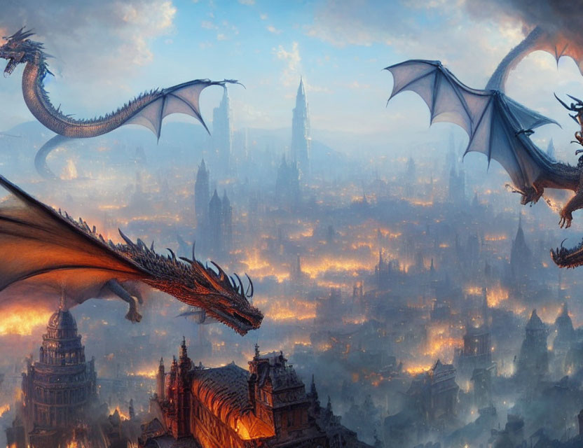 Majestic dragons flying over medieval city at sunrise