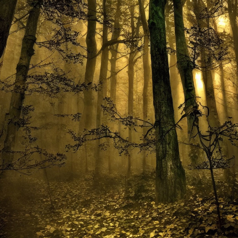 Misty forest with golden sunlight through tall trees