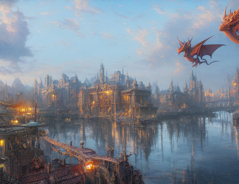 Fantastical cityscape with ornate buildings, river, dragon, and golden light