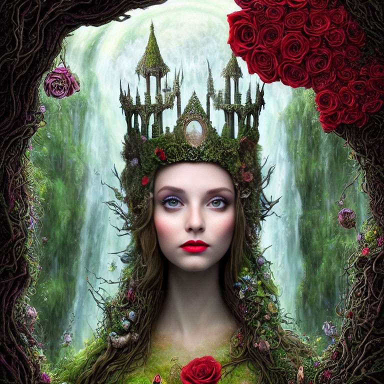 Woman in castle crown with mossy attire in forest archway with red roses and waterfall.