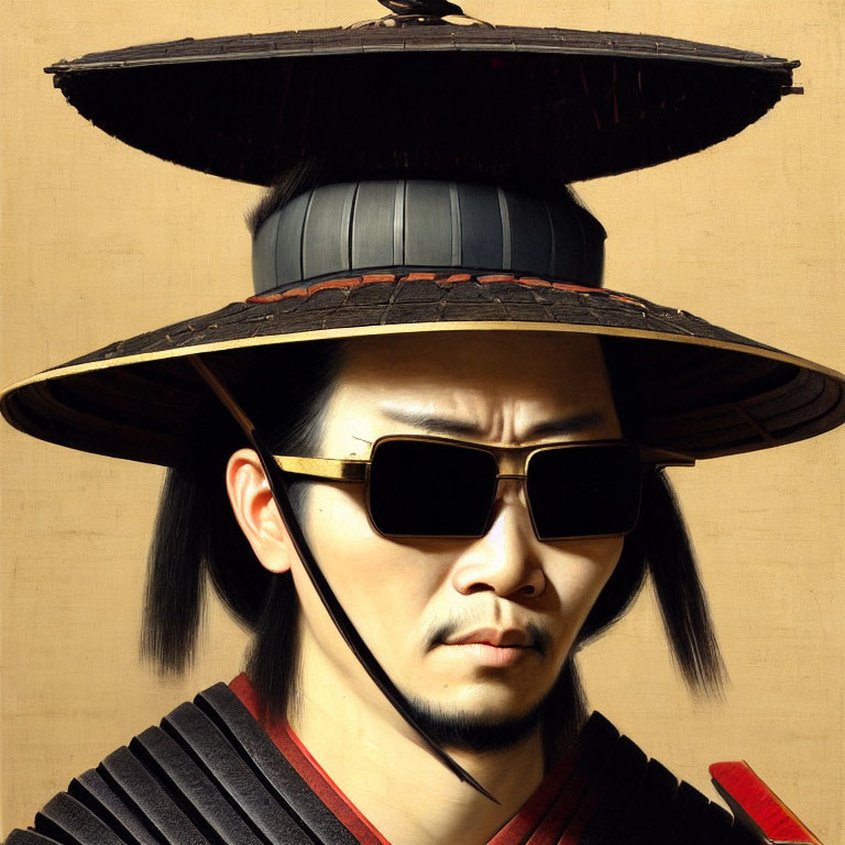 Traditional East Asian attire with wide-brimmed hat and sunglasses portrait.