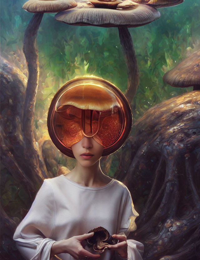 Woman in mushroom-shaped helmet surrounded by fantastical forest with smaller mushroom.