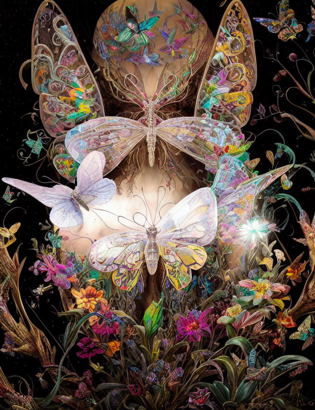 Colorful digital artwork: Translucent butterflies, intricate patterns, vivid flowers.