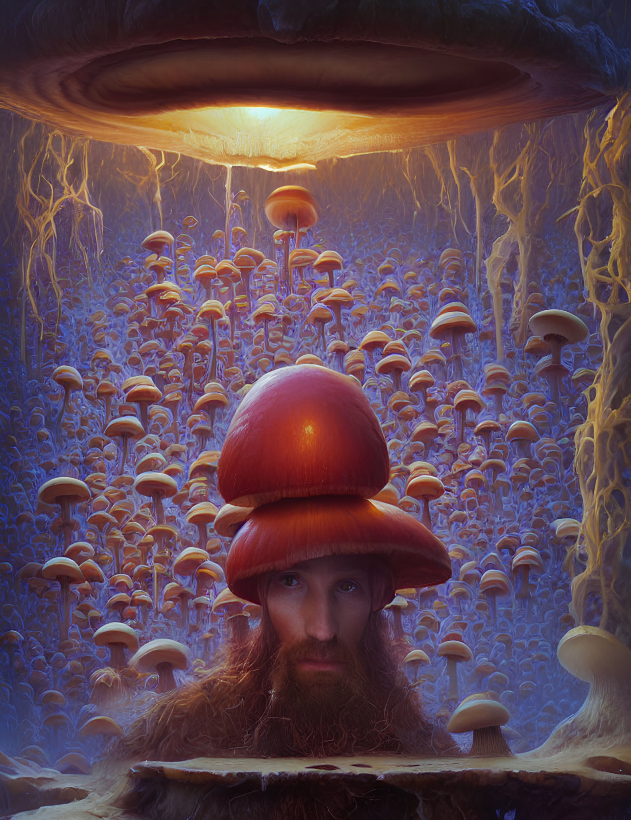 Serene person in large mushroom hat in fantastical glowing mushroom landscape