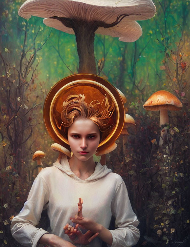 Woman with Mushroom Cap Headpiece in Mystical Forest surrounded by Giant Mushrooms