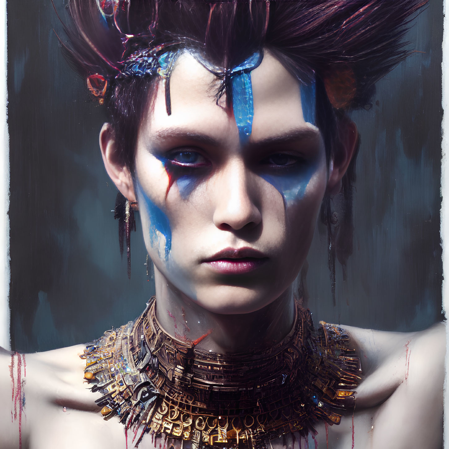 Avant-garde makeup with blue streaks and ornate neckpiece portrait.