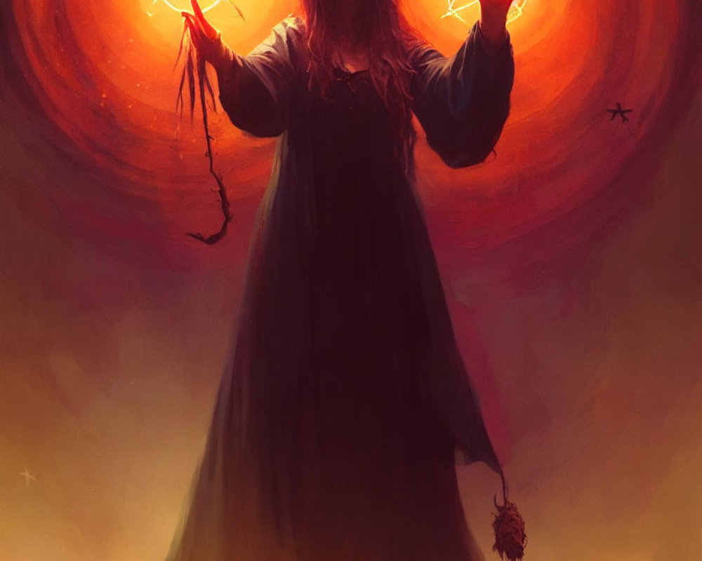 Mystical figure in dark robe with glowing symbols and star-shaped object on warm backdrop