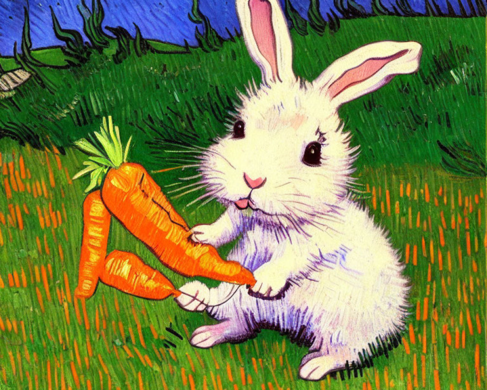 Colorful illustration: White rabbit with orange carrots on vibrant background