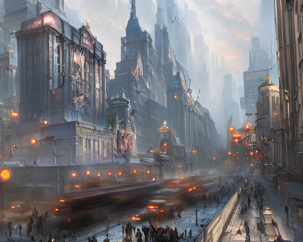 Futuristic cityscape with towering buildings and bustling street scene