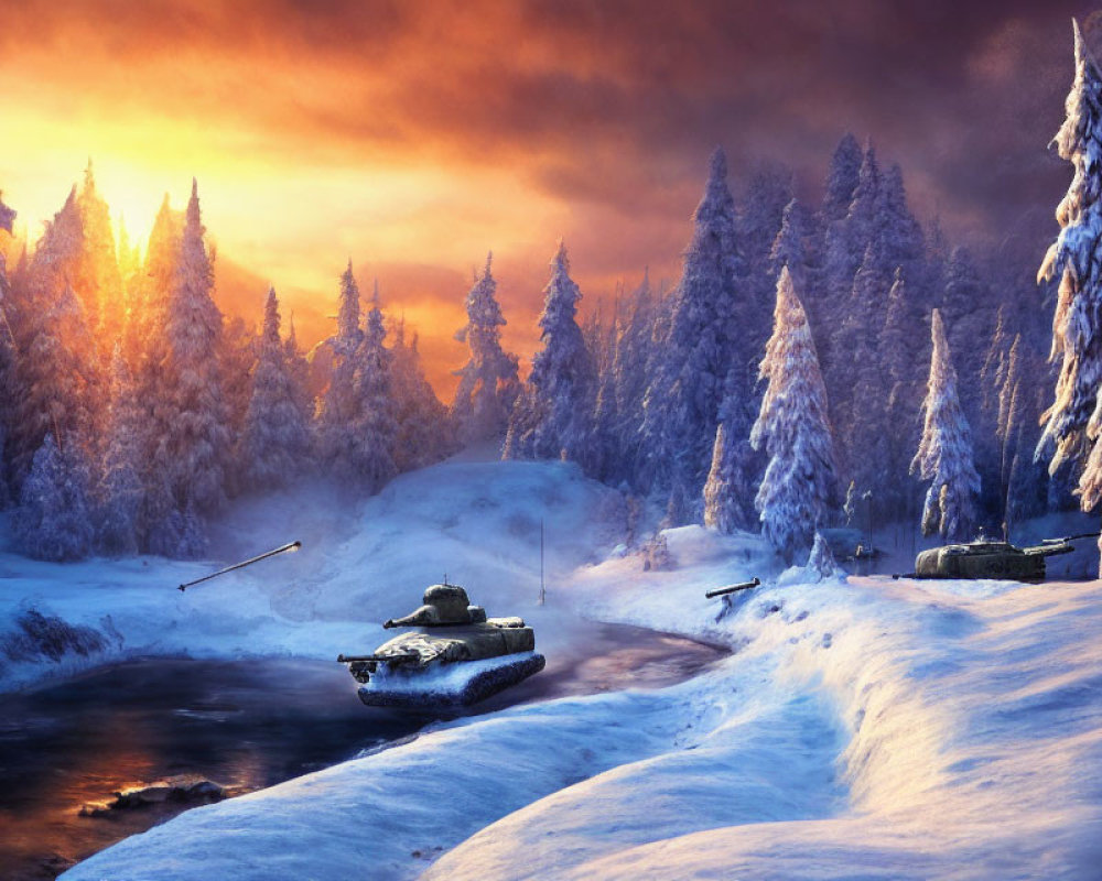 Snowy Winter Landscape: Sunset Scene with Military Tanks