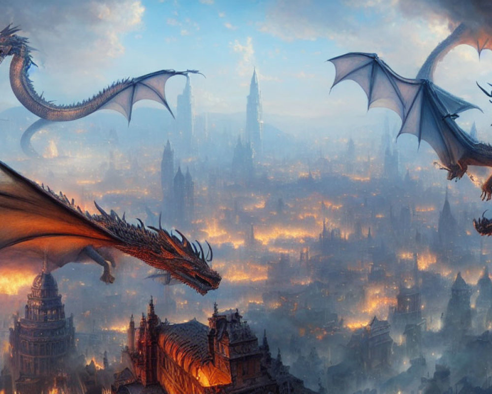 Majestic dragons flying over medieval city at sunrise