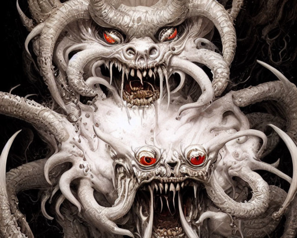 Detailed Artwork: Multi-eyed, Horned Creature with Fanged Mouths and Tentacles on Dark