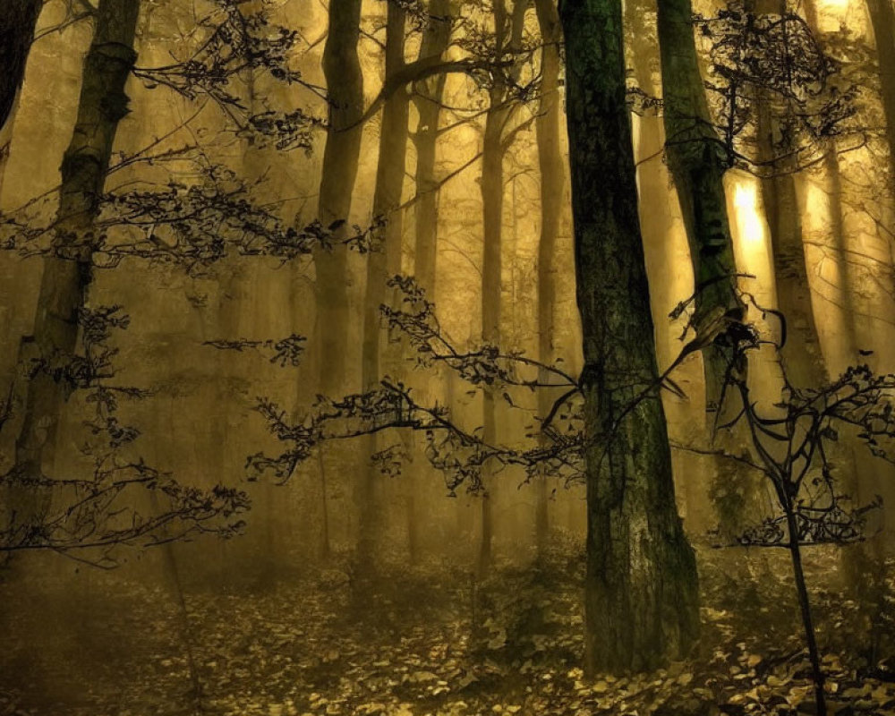 Misty forest with golden sunlight through tall trees