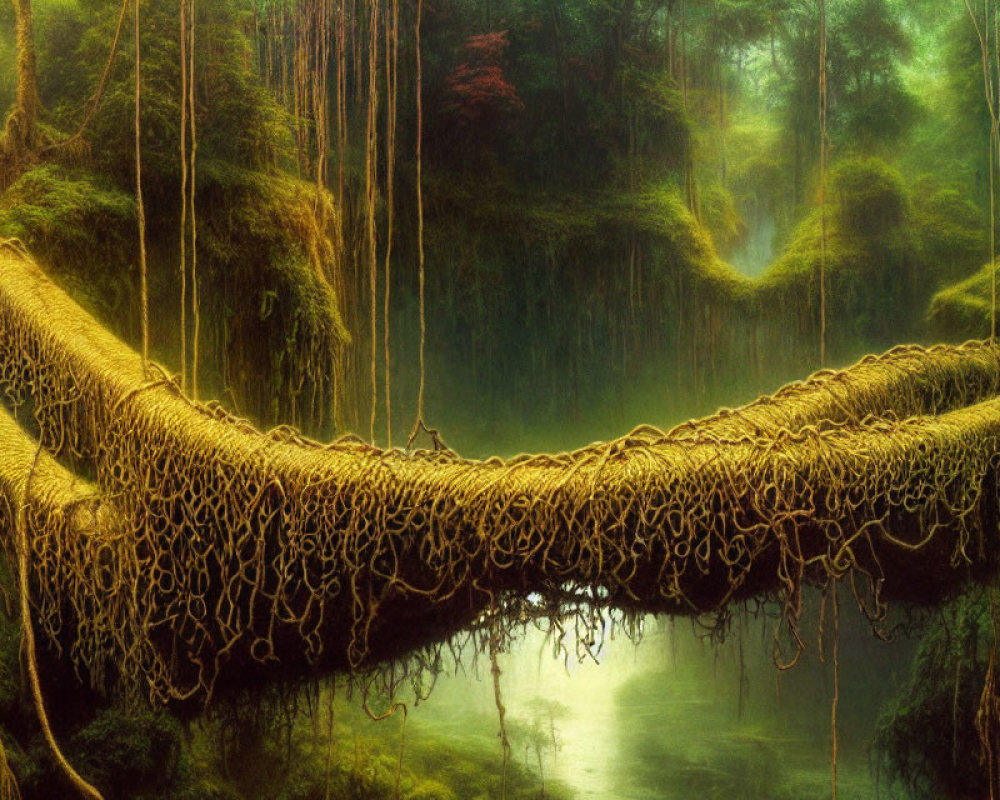 Mystical forest scene: natural root bridge over river in mist