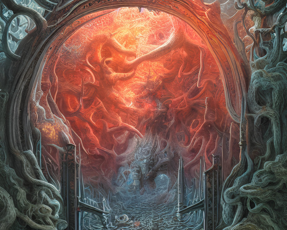 Ornate archway leading to fiery vortex and twisted structures